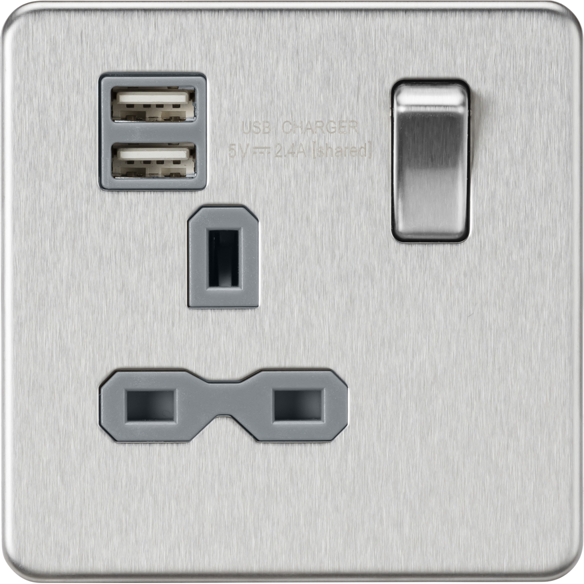 Knightsbridge SFR9124BCG 13A 1G SP Switched Socket with Dual USB A+A (5V DC 2.4A shared) Brushed Chrome with Grey Insert