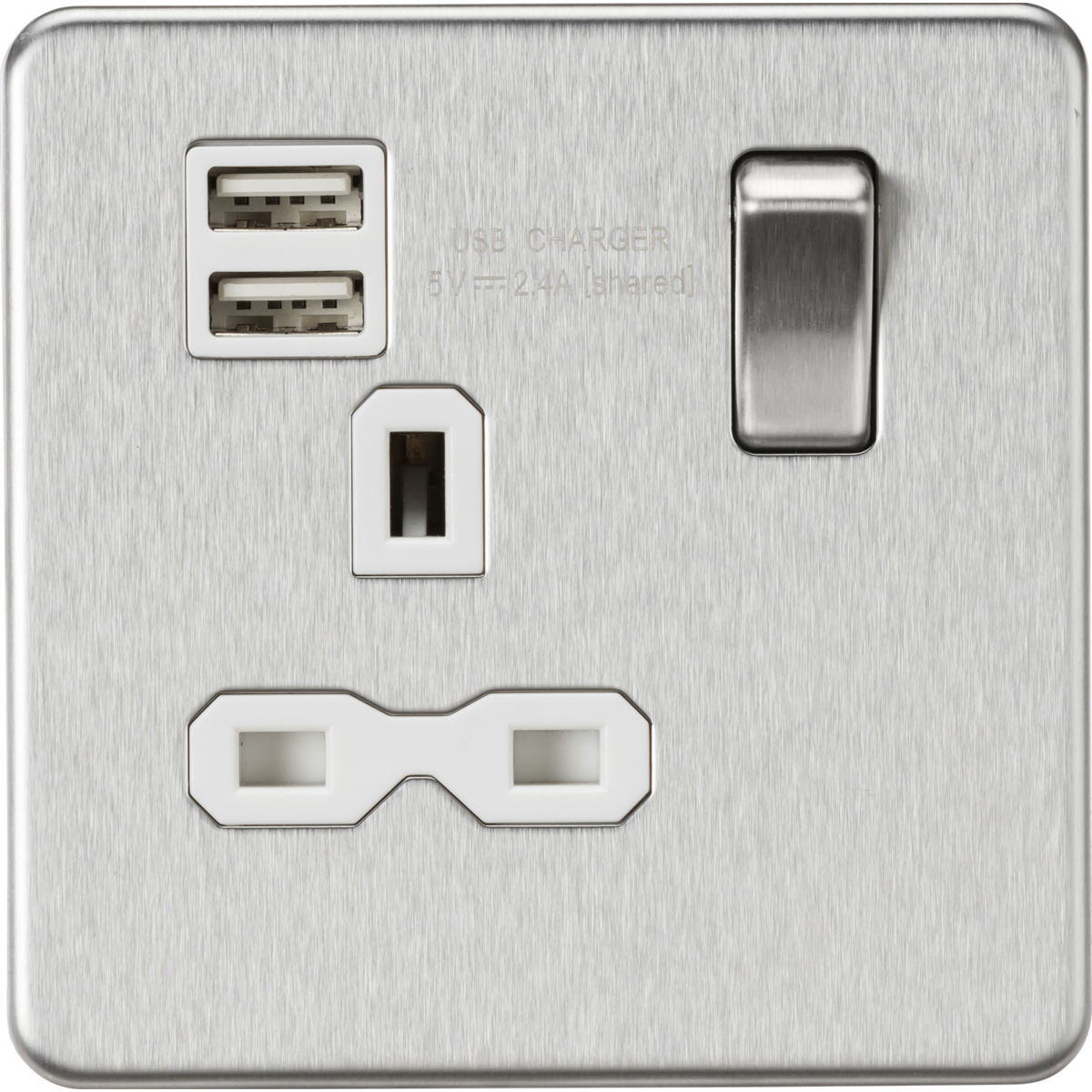 Knightsbridge SFR9124BCW 13A 1G SP Switched Socket with Dual USB A+A (5V DC 2.4A shared) Brushed Chrome with White Insert