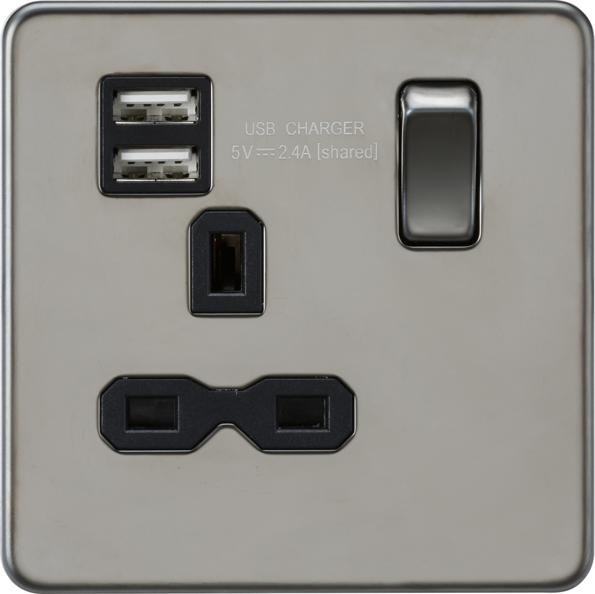 Knightsbridge SFR9124BN 13A 1G SP Switched Socket with Dual USB A+A (5V DC 2.4A shared) Black Nickel with Black Insert