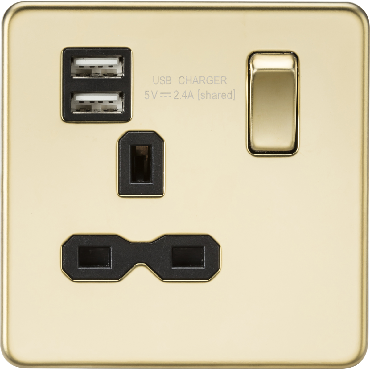 Knightsbridge SFR9124PB 13A 1G SP Switched Socket with Dual USB A+A (5V DC 2.4A shared) Polished Brass with Black Insert
