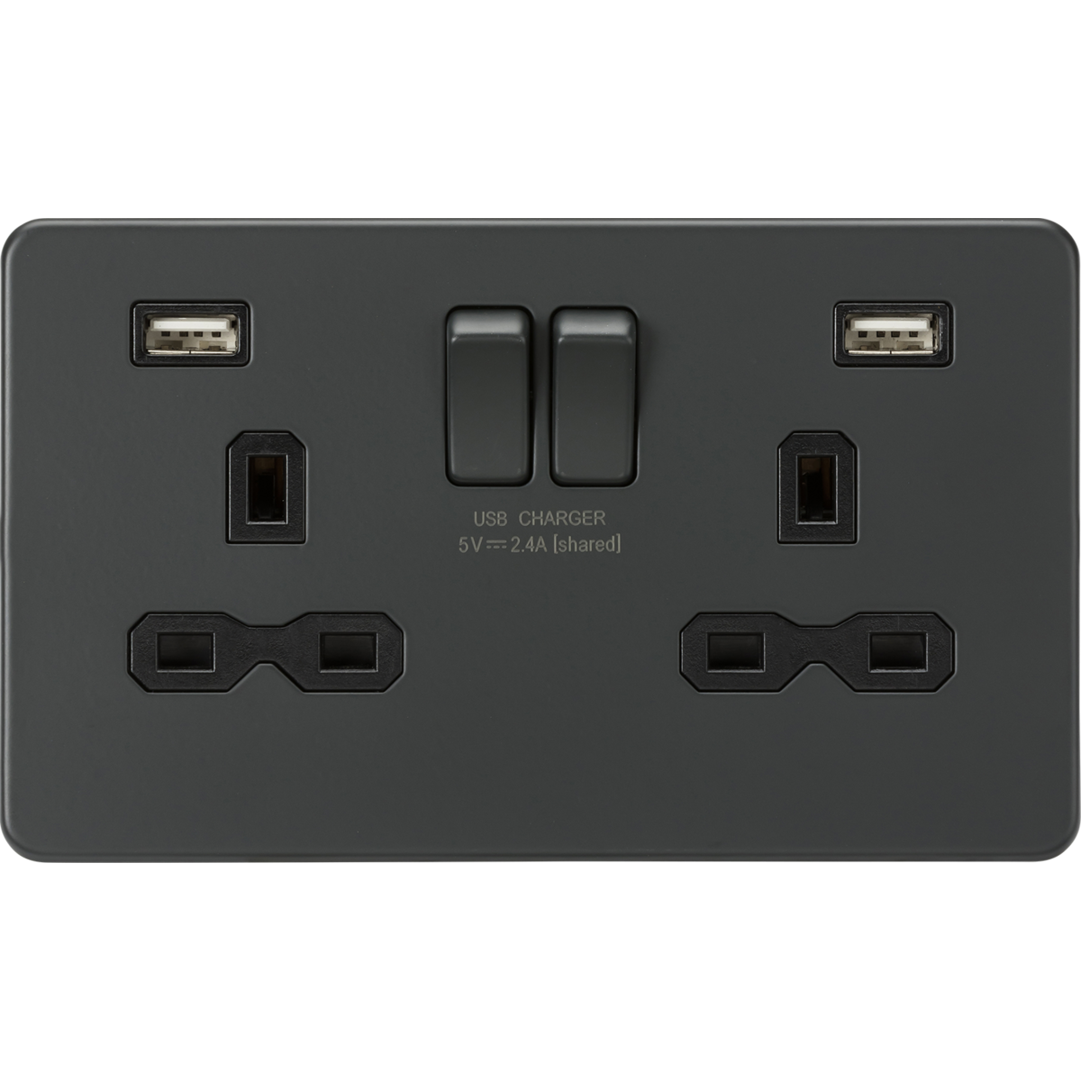 Knightsbridge SFR9224AT 13A 2G SP Switched Socket with Dual USB A+A (5V DC 2.4A shared) Anthracite with Black Insert