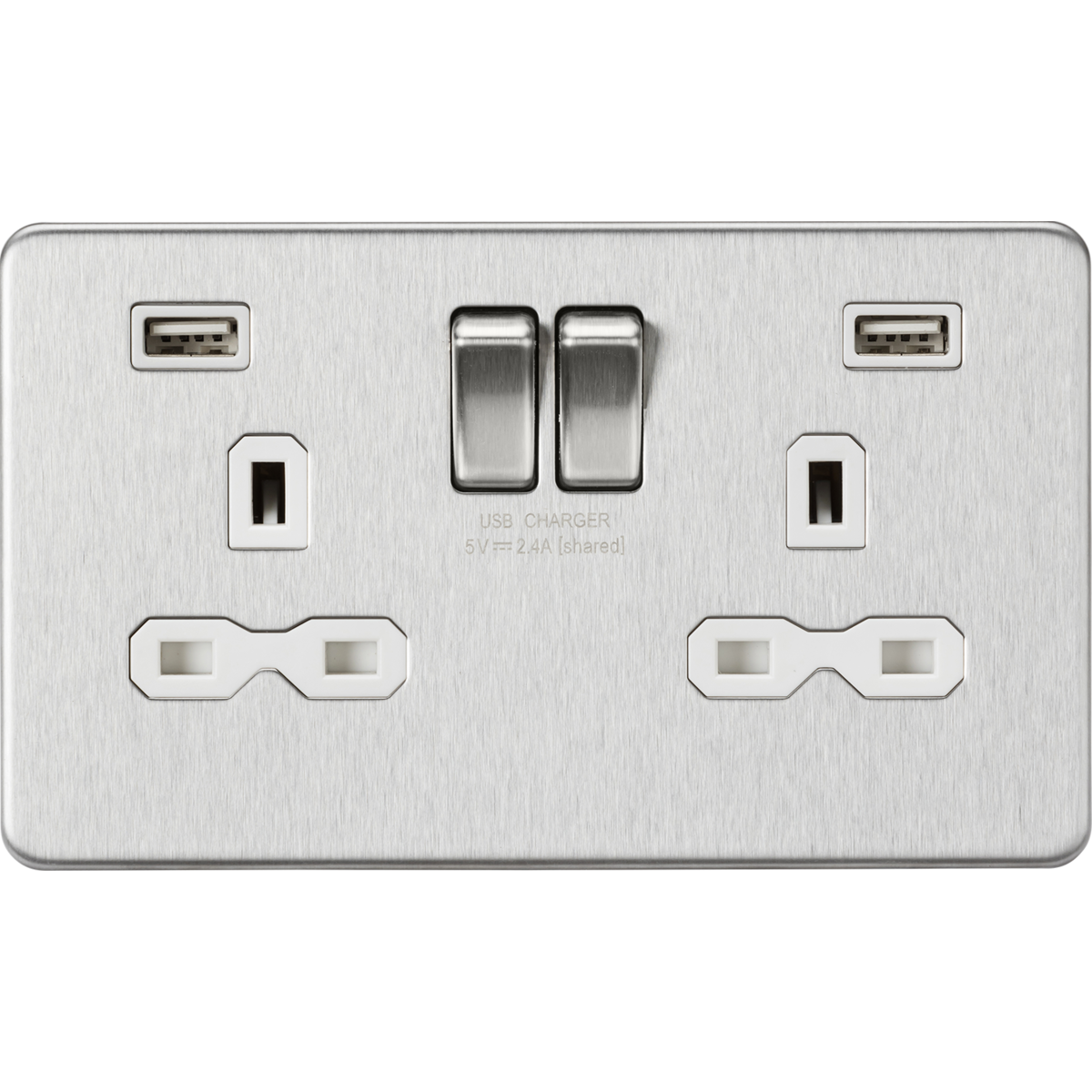 Knightsbridge SFR9224BCW 13A 2G SP Switched Socket with Dual USB A+A (5V DC 2.4A shared) Brushed Chrome with White Insert