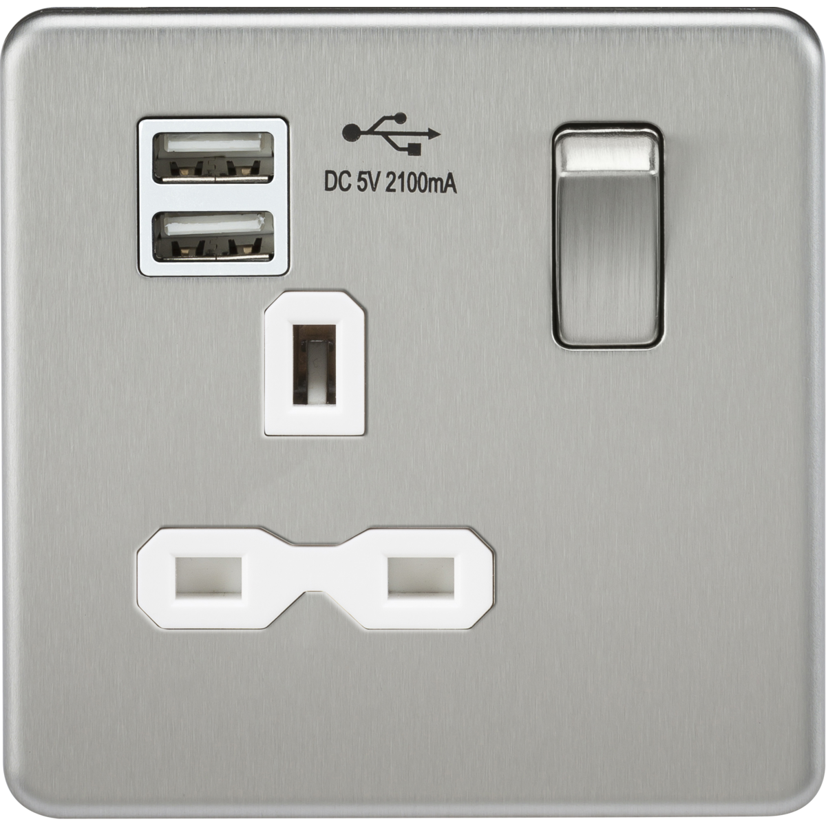 Knightsbridge SFR9901BCW 13A 1G SP Switched Socket with Dual USB A+A (5V DC 2.1A shared) Brushed Chrome with White Insert