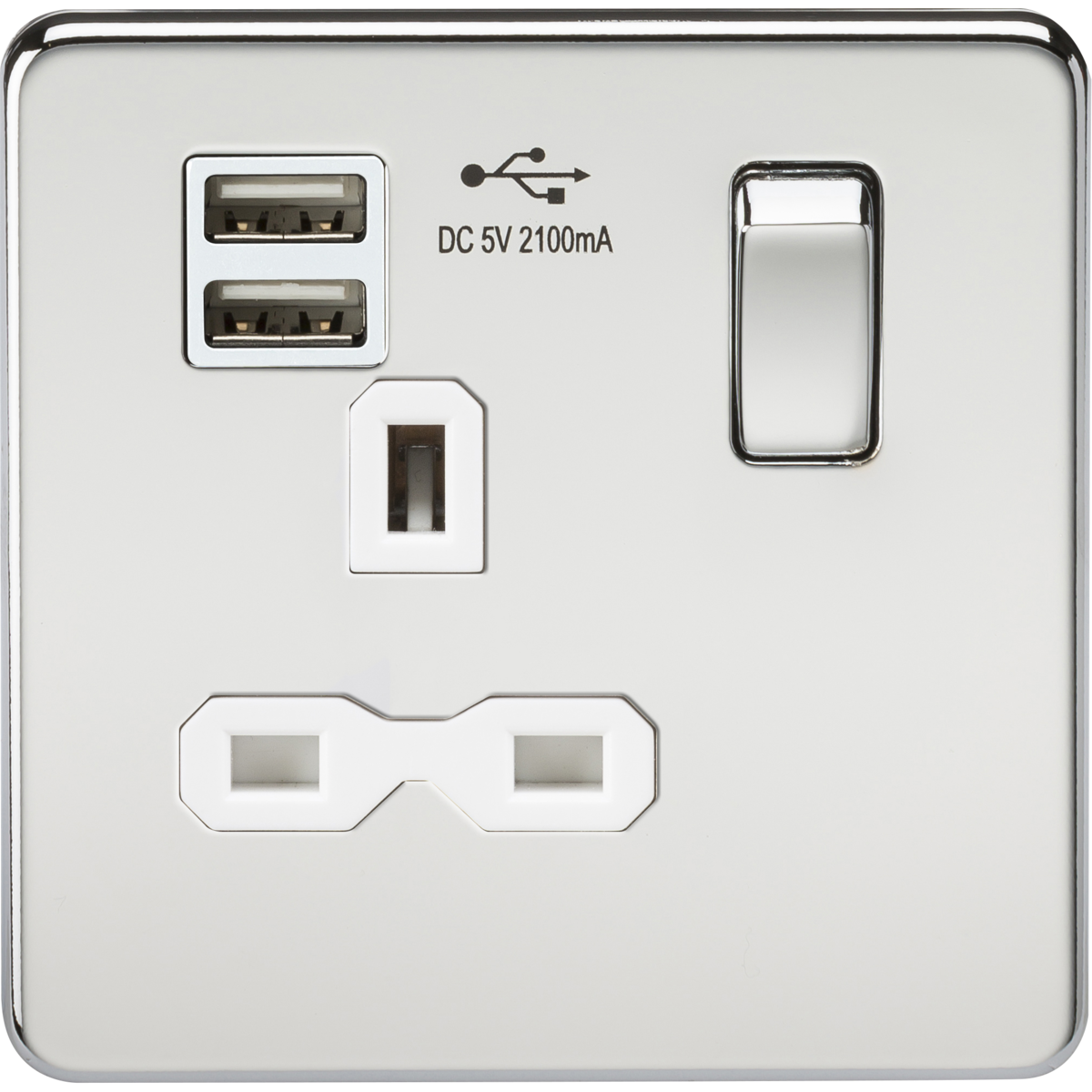 Knightsbridge SFR9901PCW 13A 1G SP Switched Socket with Dual USB A+A (5V DC 2.1A shared) Polished Chrome with White Insert