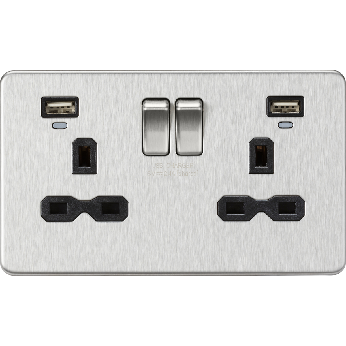 Knightsbridge SFR9904NBC 13A 2G Switched Socket, Dual USB (2.4A) with LED Charge Indicators Brushed Chrome w/black insert
