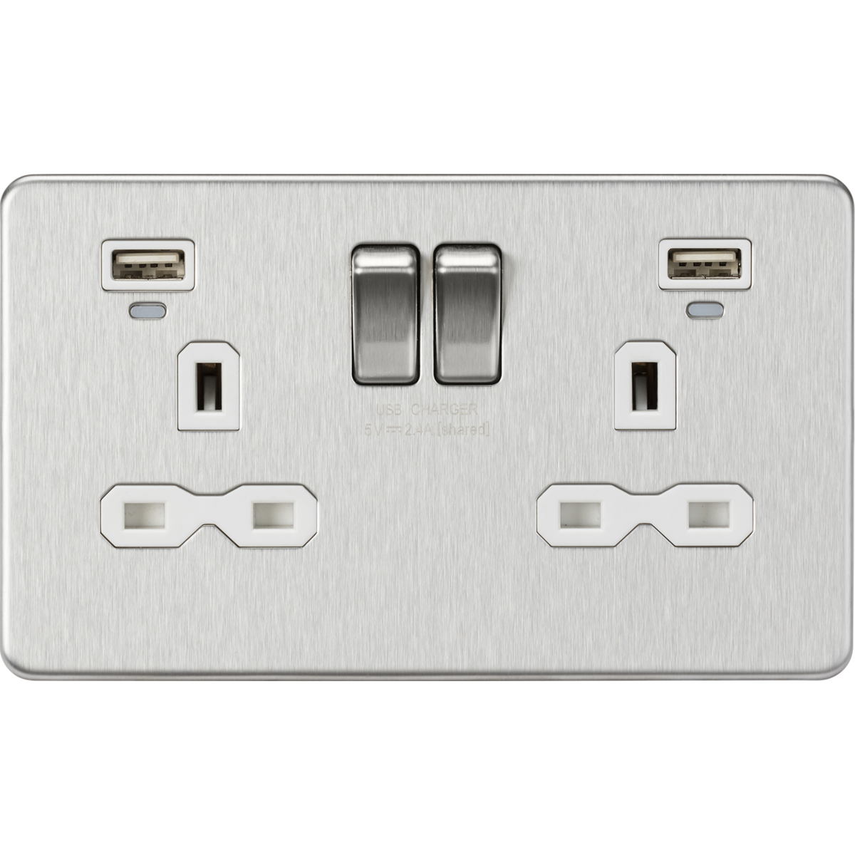 Knightsbridge SFR9904NBCW 13A 2G Switched Socket, Dual USB (2.4A) with LED Charge Indicators Brushed Chrome w/white insert