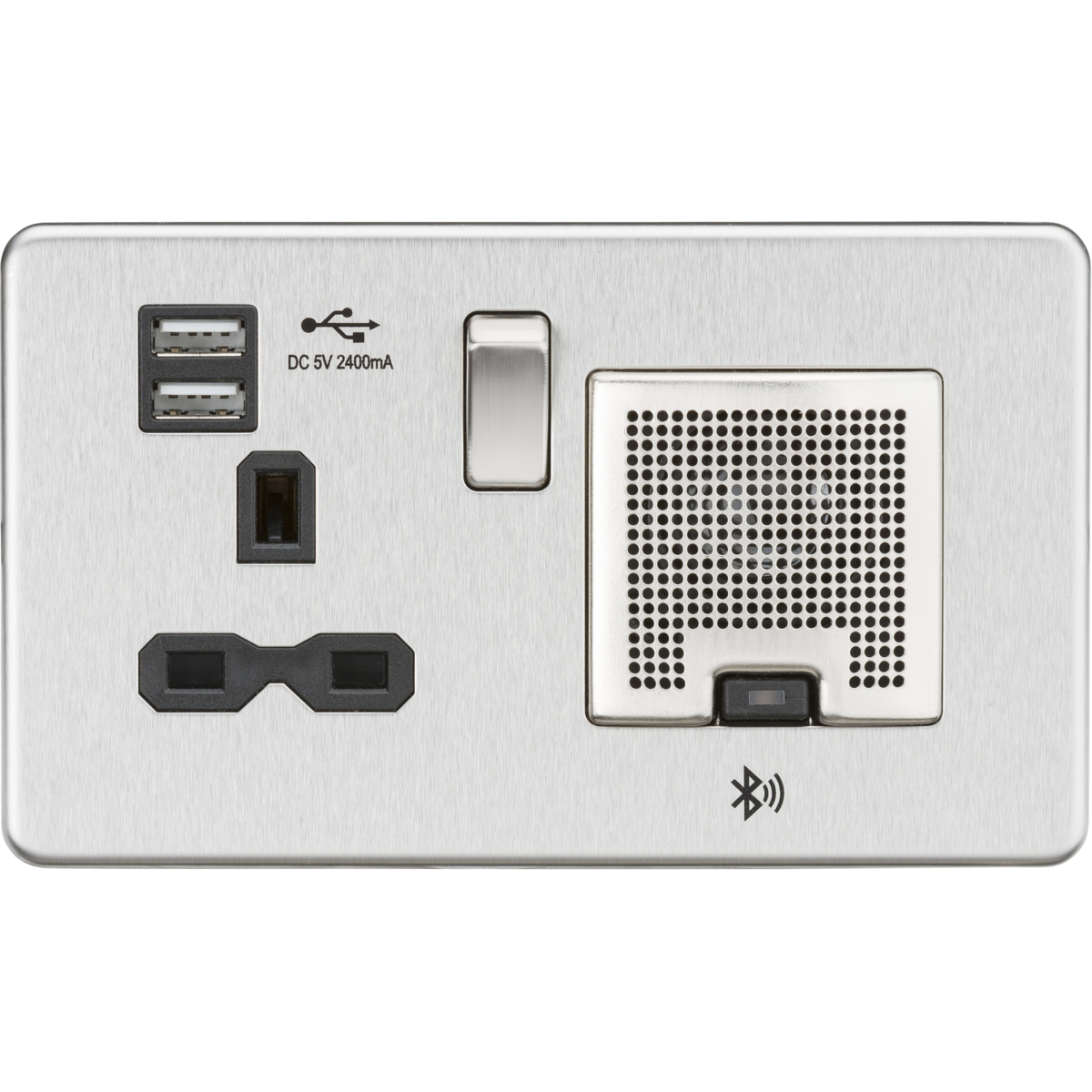 Knightsbridge SFR9905BC 13A Socket Bluetooth Speaker and Dual USB A+A (5V DC 2.4A shared) Brushed Chrome with Black Insert