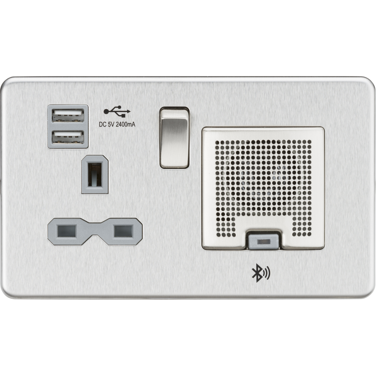 Knightsbridge SFR9905BCG 13A Socket Bluetooth Speaker and Dual USB A+A (5V DC 2.4A shared) Brushed Chrome with Grey Insert