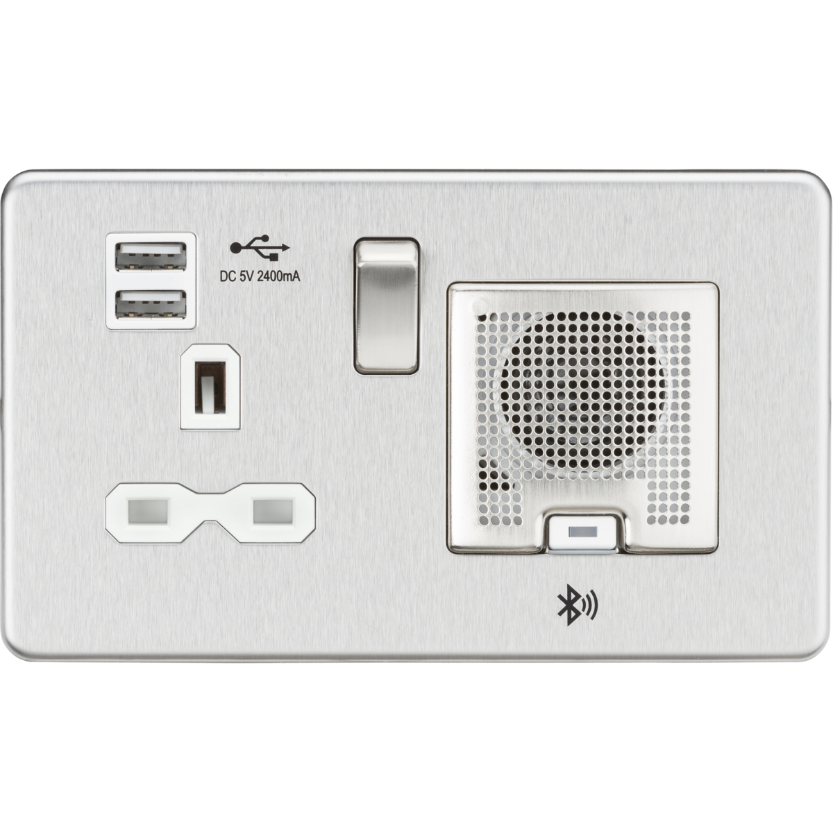 Knightsbridge SFR9905BCW 13A Socket Bluetooth Speaker and Dual USB A+A (5V DC 2.4A shared) Brushed Chrome with White Insert