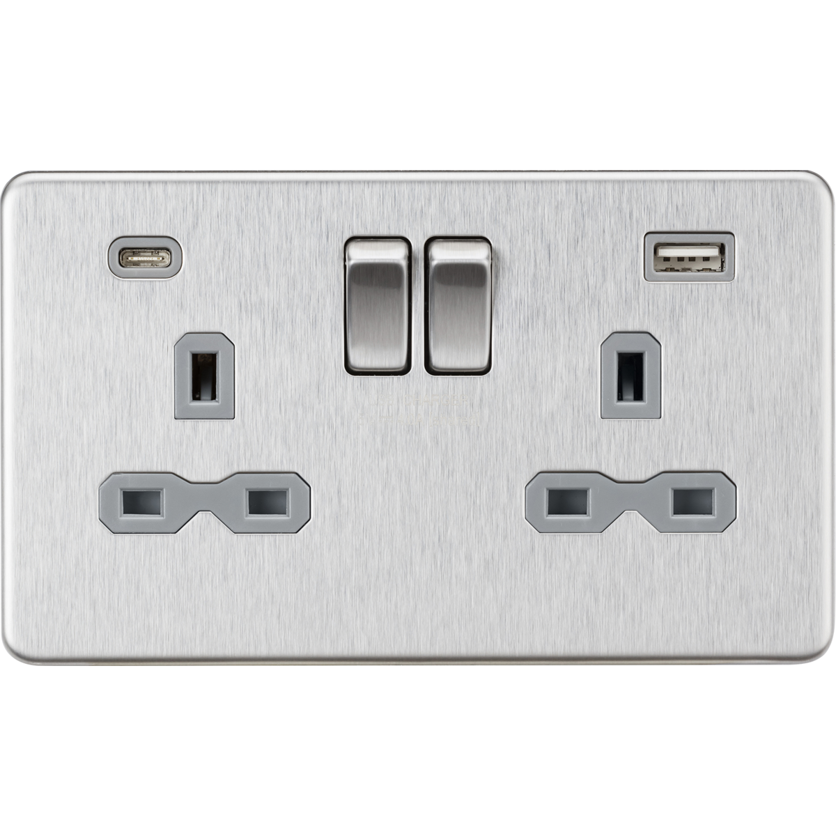 Knightsbridge SFR9940BCG 13A 2G SP Switched Socket with Dual USB A+C (5V DC 4.0A shared) Brushed Chrome with Grey Insert