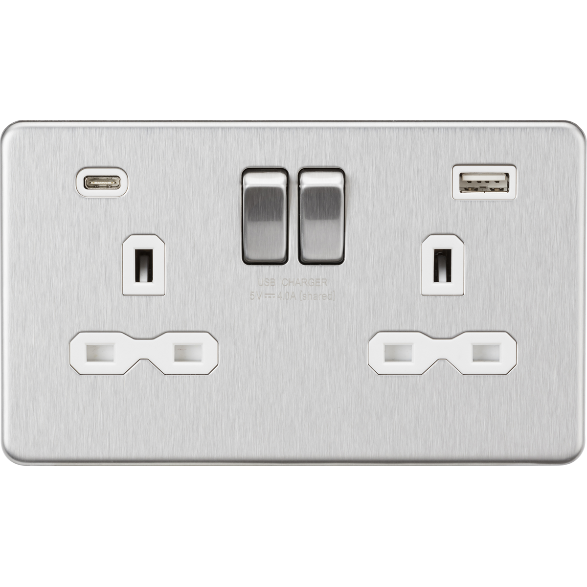 Knightsbridge SFR9940BCW 13A 2G SP Switched Socket with Dual USB A+C (5V DC 4.0A shared) Brushed Chrome with White Insert