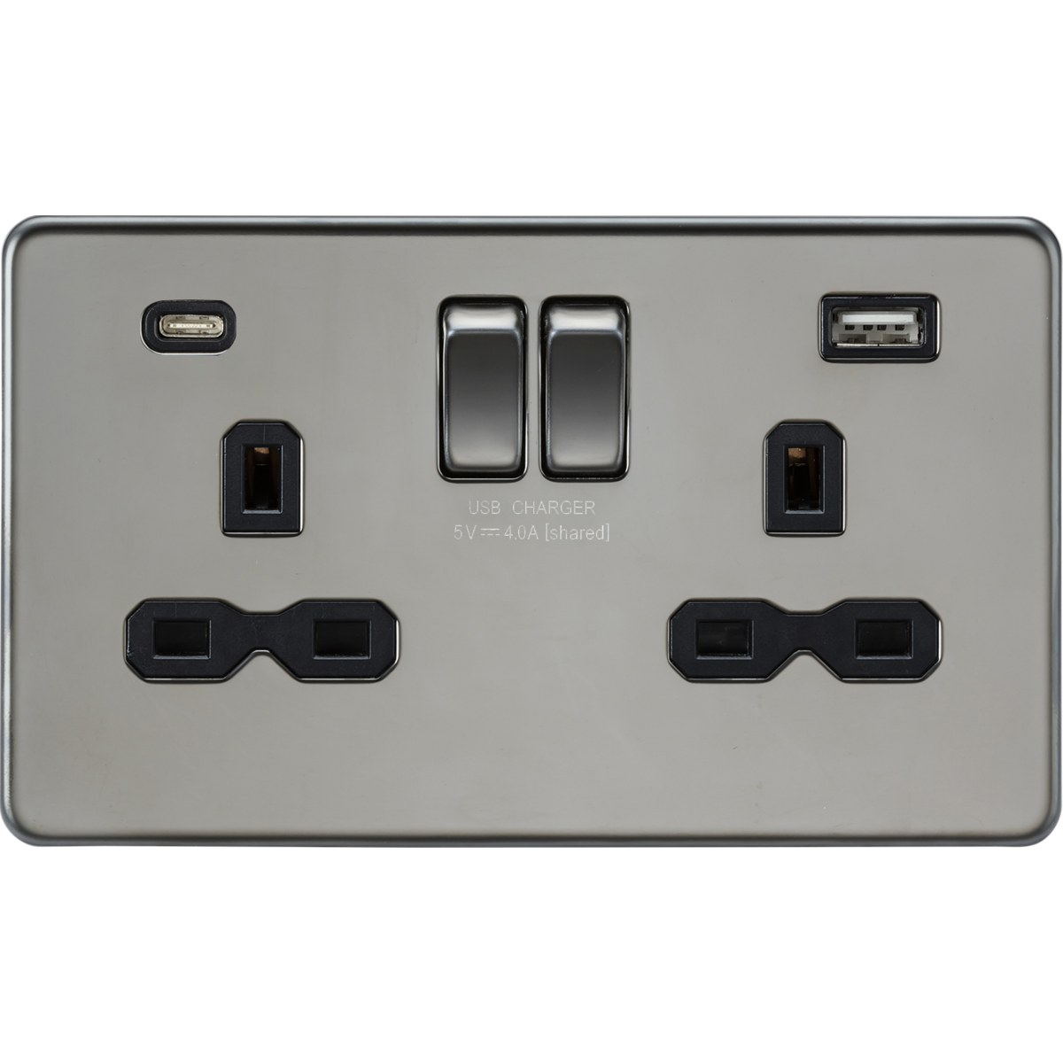 Knightsbridge SFR9940BN 13A 2G SP Switched Socket with Dual USB A+C (5V DC 4.0A shared) Black Nickel with Black Insert