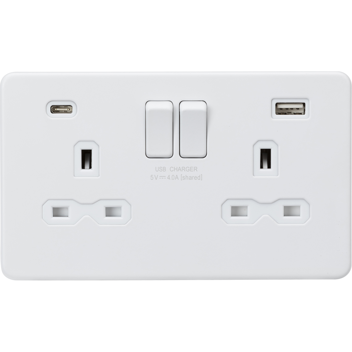 Knightsbridge SFR9940MW 13A 2G SP Switched Socket with Dual USB A+C (5V DC 4.0A shared) Matt White with White Insert