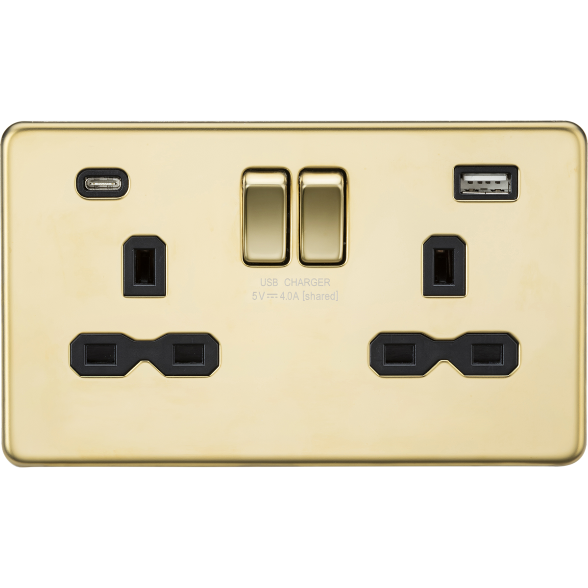 Knightsbridge SFR9940PB 13A 2G SP Switched Socket with Dual USB A+C (5V DC 4.0A shared) Polished Brass with Black Insert