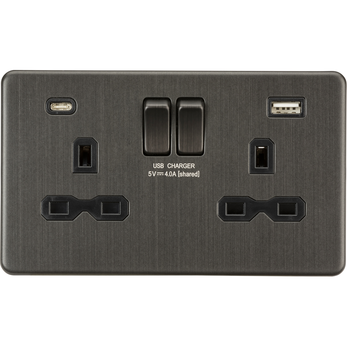 Knightsbridge SFR9940SB 13A 2G SP Switched Socket with Dual USB A+C (5V DC 4.0A shared) Smoked Bronze with Black Insert