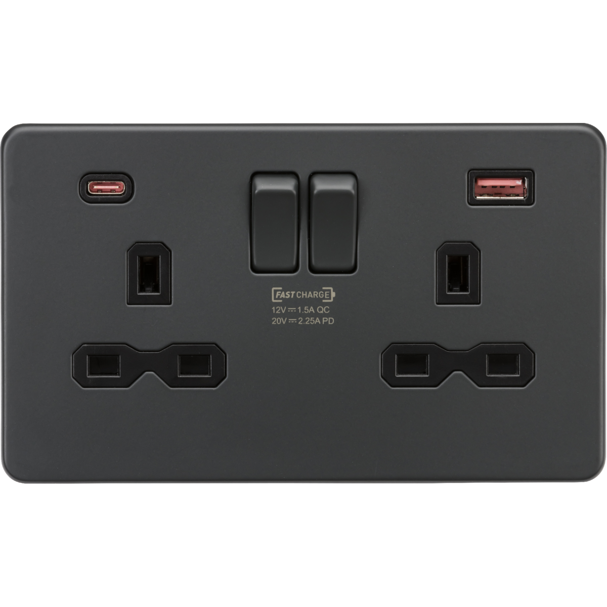 Knightsbridge SFR9945AT 13A 2G DP Switched Socket with Dual USB A+C 20V DC 2.25A (Max. 45W) Anthracite with Black Insert