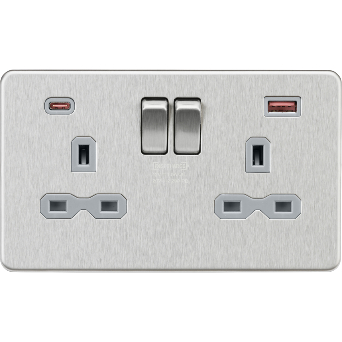 Knightsbridge SFR9945BCG 13A 2G DP Switched Socket with Dual USB A+C 20V DC 2.25A (Max. 45W) Brushed Chrome w/Grey Insert