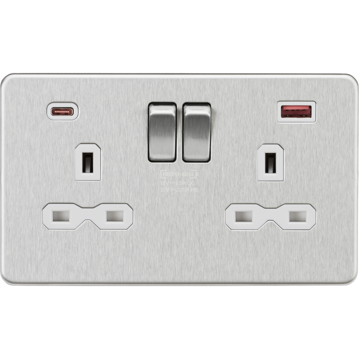 Knightsbridge SFR9945BCW 13A 2G DP Switched Socket with Dual USB A+C 20V DC 2.25A (Max. 45W) Brushed Chrome w/White Insert