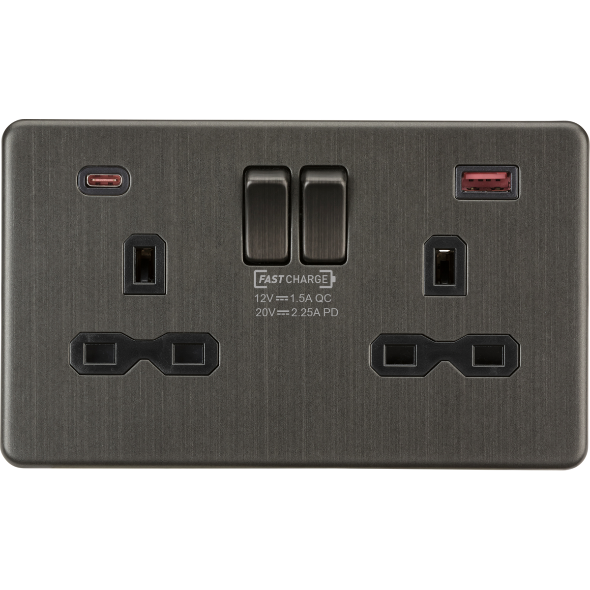 Knightsbridge SFR9945SB 13A 2G DP Switched Socket with Dual USB A+C 20V DC 2.25A (Max. 45W) Smoked Bronze w/Black Insert