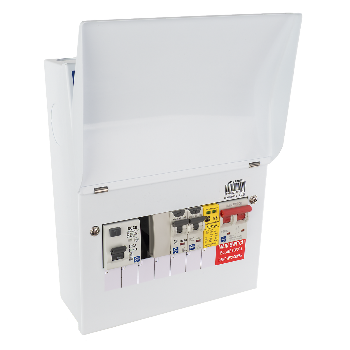 Lewden HPPI-R04W-1 4 Way Air Source Heat Pump (ASHP) Consumer Unit with 100A Type B RCD, 2x RCBOs and SPD
