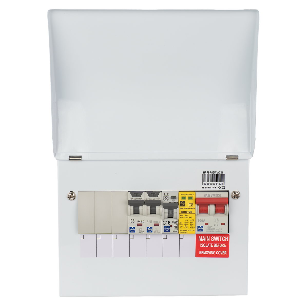 Lewden HPPI-R06W-AC16 6 Way Air Source Heat Pump (ASHP) Consumer Unit with 16A HP RCBO, 2x RCBOs and SPD