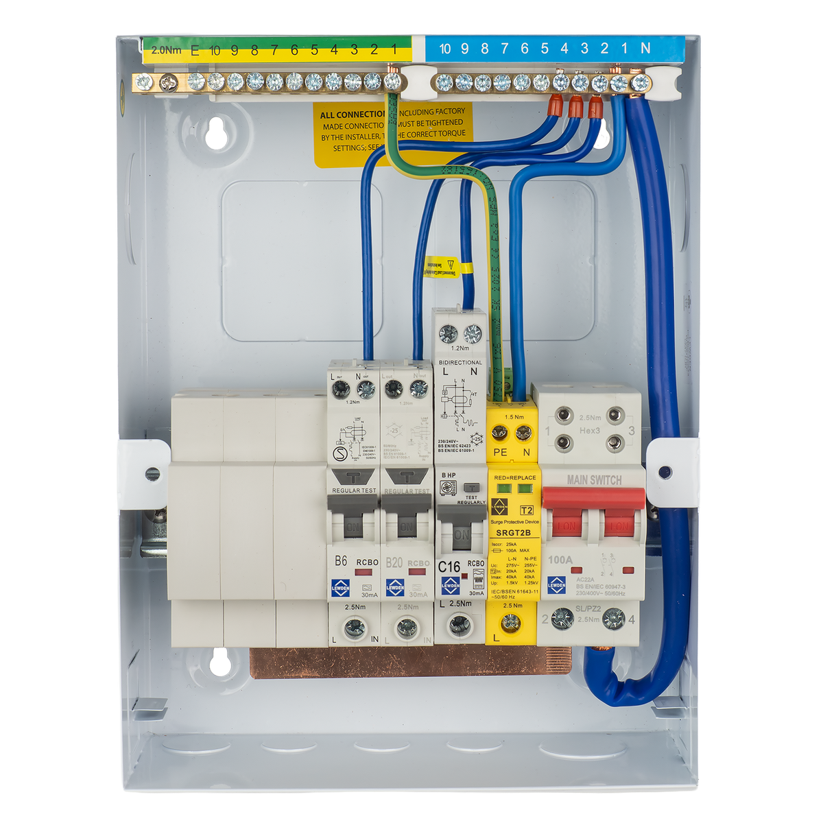 Lewden HPPI-R06W-AC16 6 Way Air Source Heat Pump (ASHP) Consumer Unit with 16A HP RCBO, 2x RCBOs and SPD