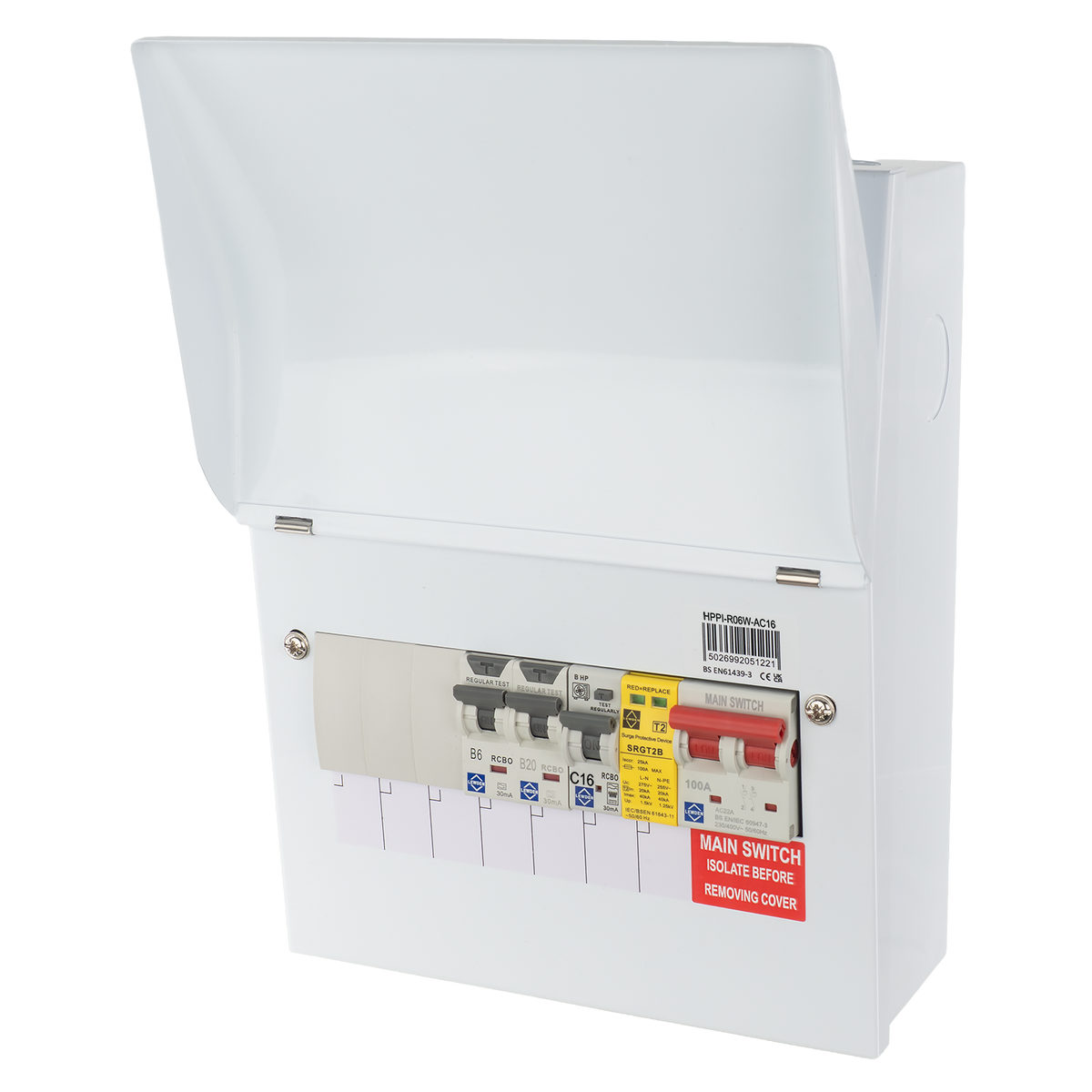 Lewden HPPI-R06W-AC16 6 Way Air Source Heat Pump (ASHP) Consumer Unit with 16A HP RCBO, 2x RCBOs and SPD