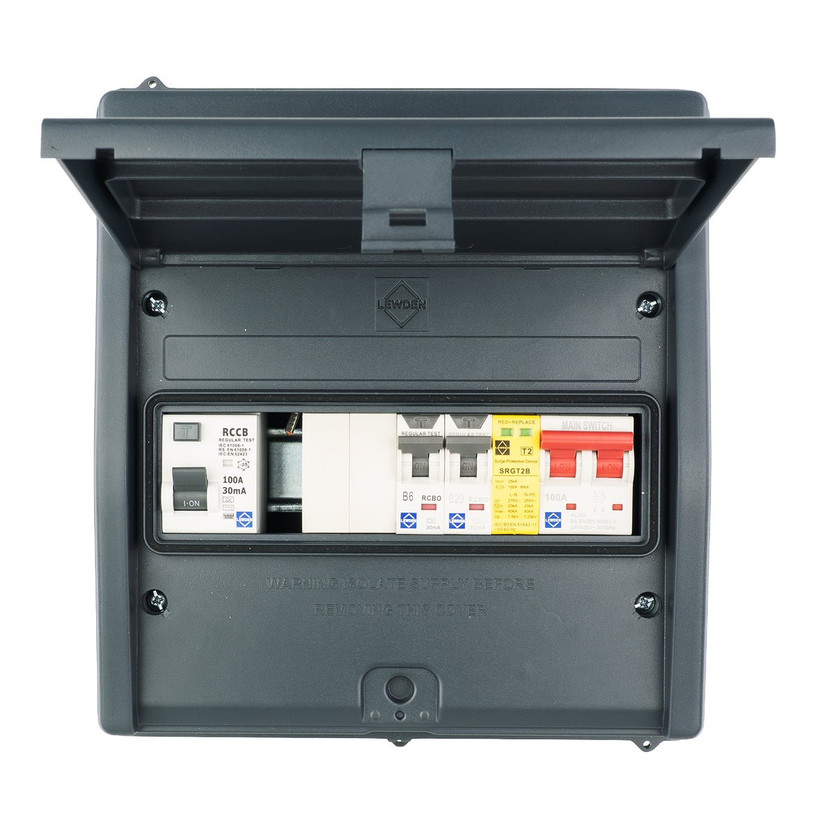 Lewden HPPO-05MG-1 IP65 5 Way Air Source Heat Pump (ASHP) Consumer Unit with 100A Type B RCD, 2x RCBOs and SPD