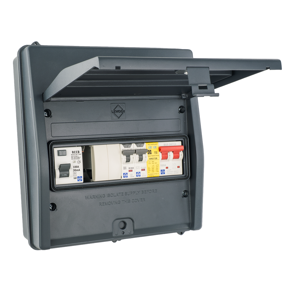 Lewden HPPO-05MG-1 IP65 5 Way Air Source Heat Pump (ASHP) Consumer Unit with 100A Type B RCD, 2x RCBOs and SPD