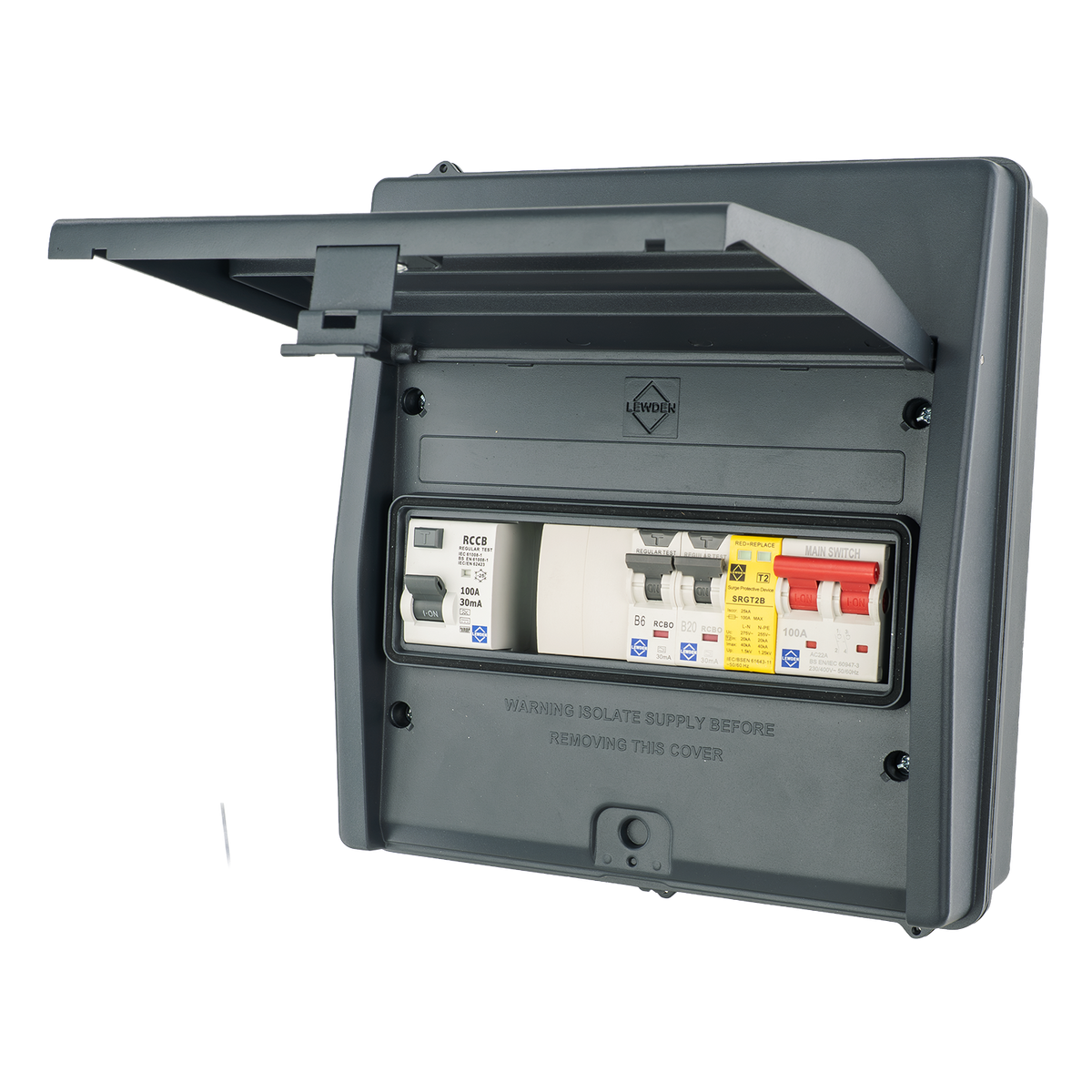 Lewden HPPO-05MG-1 IP65 5 Way Air Source Heat Pump (ASHP) Consumer Unit with 100A Type B RCD, 2x RCBOs and SPD