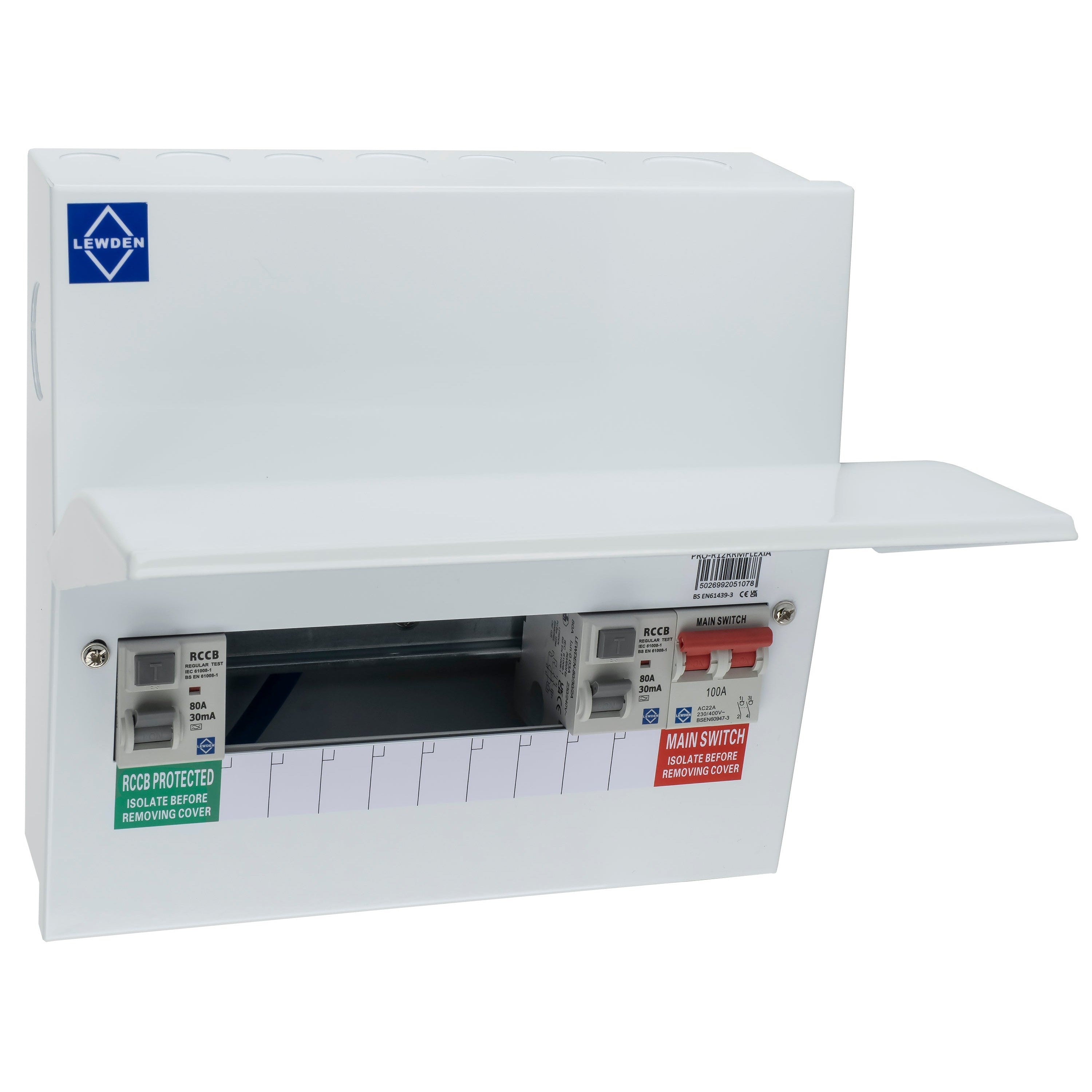 Lewden PRO-R07W-D1 7 Way Dual 80A 30mA Type A RCD Metal Clad Consumer Unit