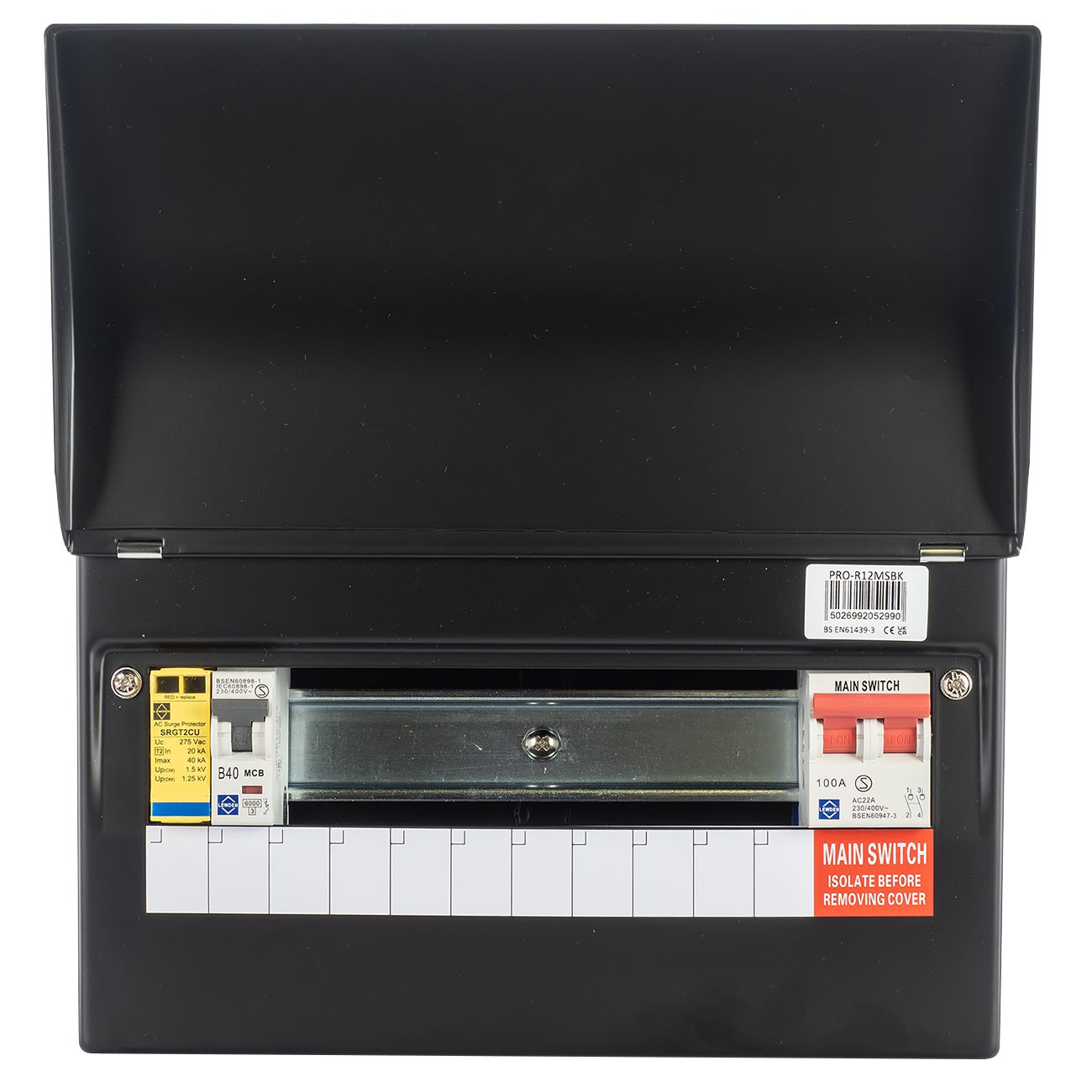 Lewden PRO-R10B-R1S Black 9 Way RCBO Consumer Unit with Surge Protection