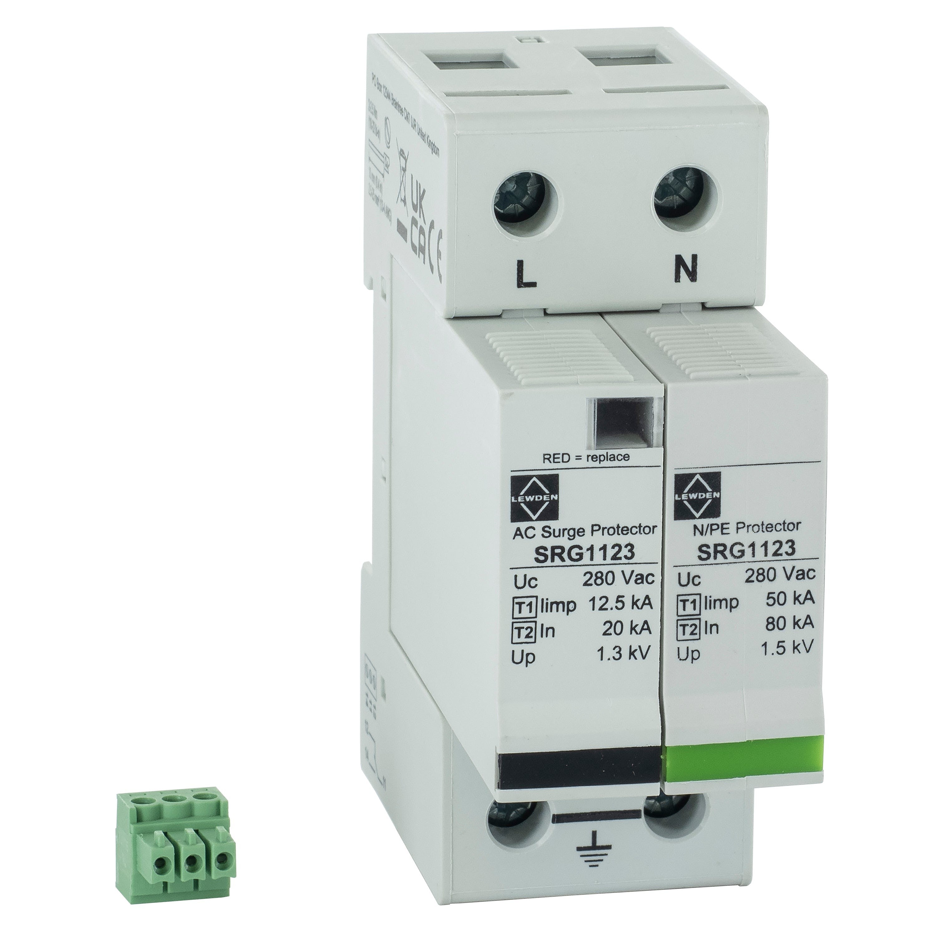 Lewden SRG1123 50kA 2 Module Single Pole and Earth Type 1+2+3 Surge Protector