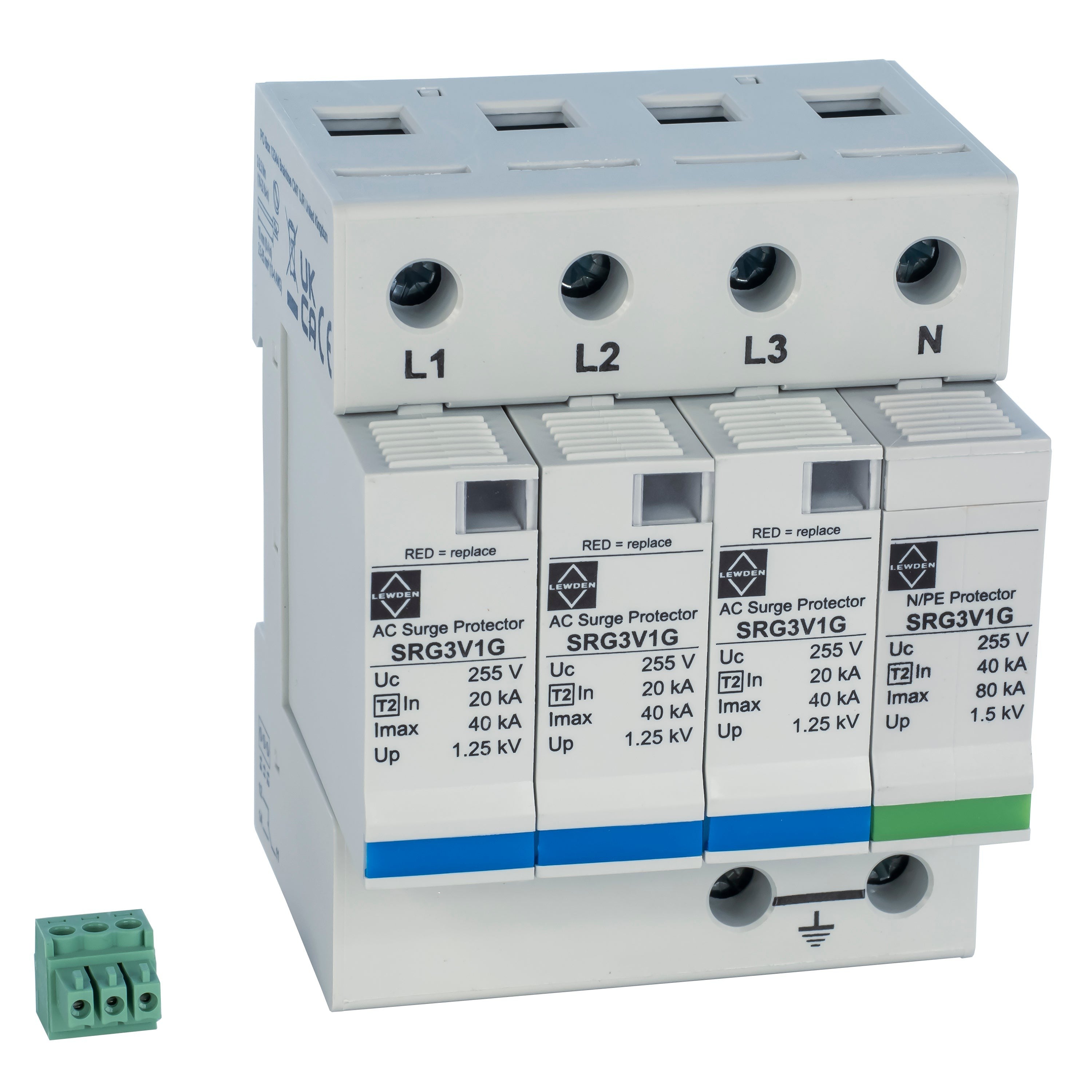Lewden SRG3V1G 50kA 4 Module 3 Pole and Neutral Type 2 Surge Protector