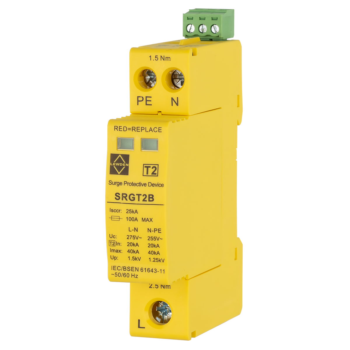 Lewden SRGT2B 40kA 1 Module Single Pole Type 2 Surge Protector