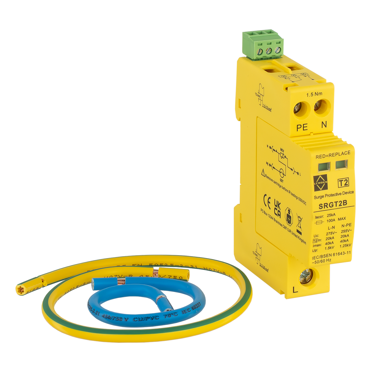 Lewden SRGT2B-KIT 40kA 1 Module Single Pole Type 2 Surge Protector and Connection Kit