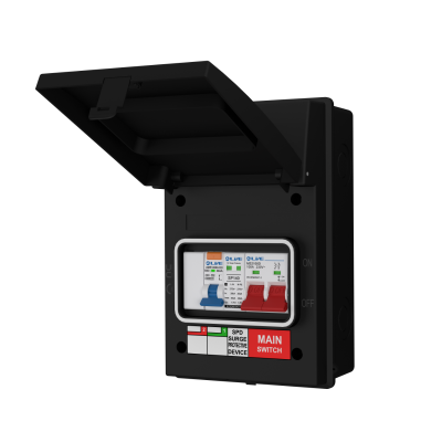 Live Electrical AGU5-SR/B 5 Way IP65 Black Metal Garage/EV Charging Unit with 100A Main Switch, 40A Type A SP RCBO B Curve & 20/40kA DP Type 2 SPD