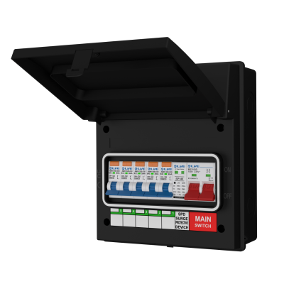 Live Electrical AGU8-SR/B 8 Way IP65 Black Metal Garage Unit with 100A Main Switch, 5x Type A SP RCBOs B Curve & 20/40kA DP Type 2 SPD
