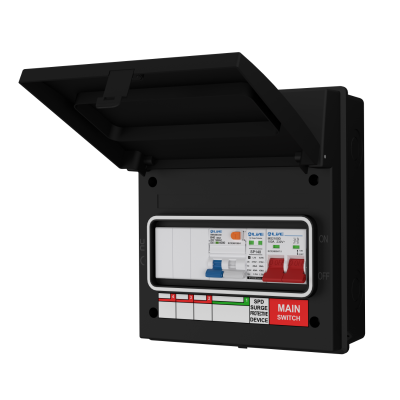 Live Electrical AGU8-SRTB/B 8 Way IP65 Black Metal Garage/EV Charging Unit with 100A Main Switch, 40A Type A DP RCBO B Curve & 20/40kA DP Type 2 SPD