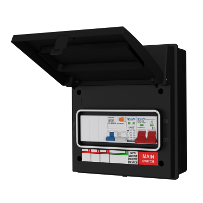 Live Electrical AGU8-SRTC/B 8 Way IP65 Black Metal Garage/EV Charging Unit with 100A Main Switch, 40A Type A DP RCBO C Curve & 20/40kA DP Type 2 SPD