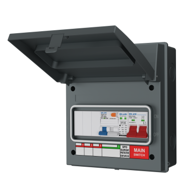 Live Electrical AGU8-SRTC/G 8 Way IP65 Grey Metal Garage/EV Charging Unit with 100A Main Switch, 40A Type A DP RCBO C Curve & 20/40kA DP Type 2 SPD