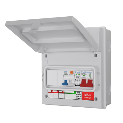 Live Electrical AGU8-SRTC/W 8 Way IP65 White Metal Garage/EV Charging Unit with 100A Main Switch, 40A Type A DP RCBO C Curve & 20/40kA DP Type 2 SPD