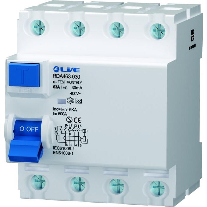 Live Electrical RDA463-100 4 Pole 63A 100mA Type A High Immunity RCD
