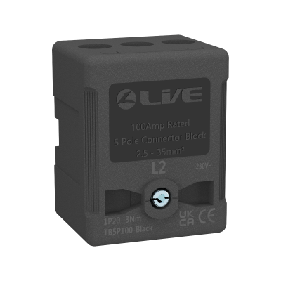 Live Electrical TB5P100-BLACK 5 Way 100A Rated Terminal Block Black, Terminal Capacity up to 35mm2