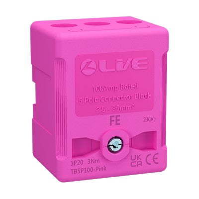Live Electrical TB5P100-PINK 5 Way 100A Rated Terminal Block Pink, Terminal Capacity up to 35mm2