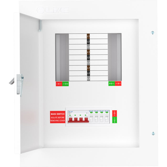Live Electrical TPN06-125S 6 Way TP&N Distribution Board with 4 Pole 125A Main Switch Incomer & 20/40kA DP SPD
