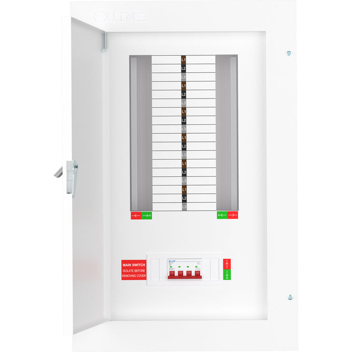 Live Electrical TPN12-125 12 Way TP&N Distribution Board with 4 Pole 125A Main Switch Incomer