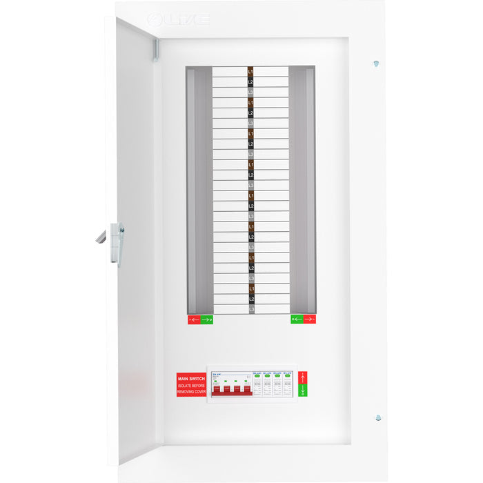 Live Electrical TPN16-125S 16 Way TP&N Distribution Board with 4 Pole 125A Main Switch Incomer & 20/40kA DP SPD