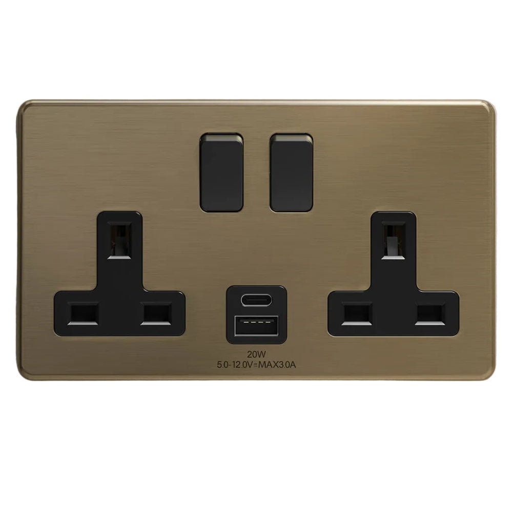 Sockits AB2G20U 13A 2 Gang USB Double Socket Antique Brass