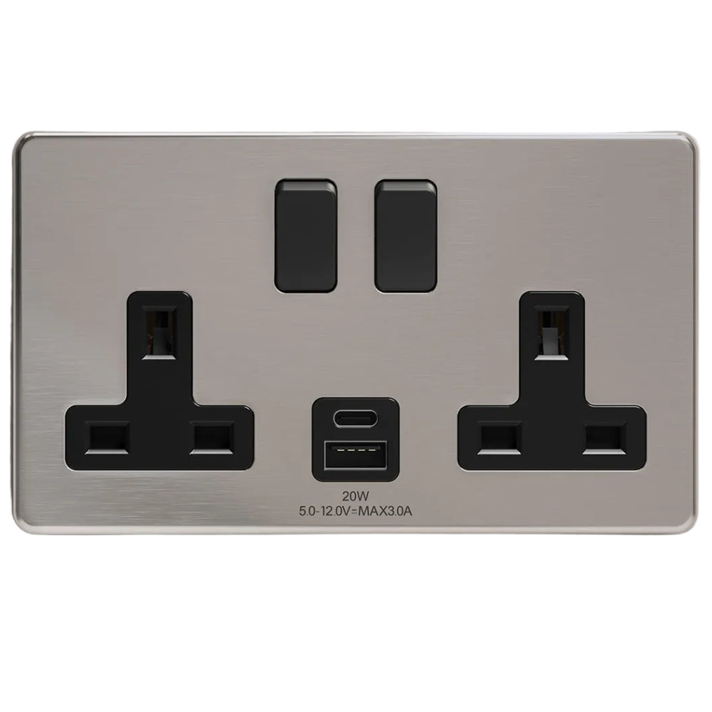 Sockits BS2G20U 13A 2 Gang USB Double Socket Brushed Steel